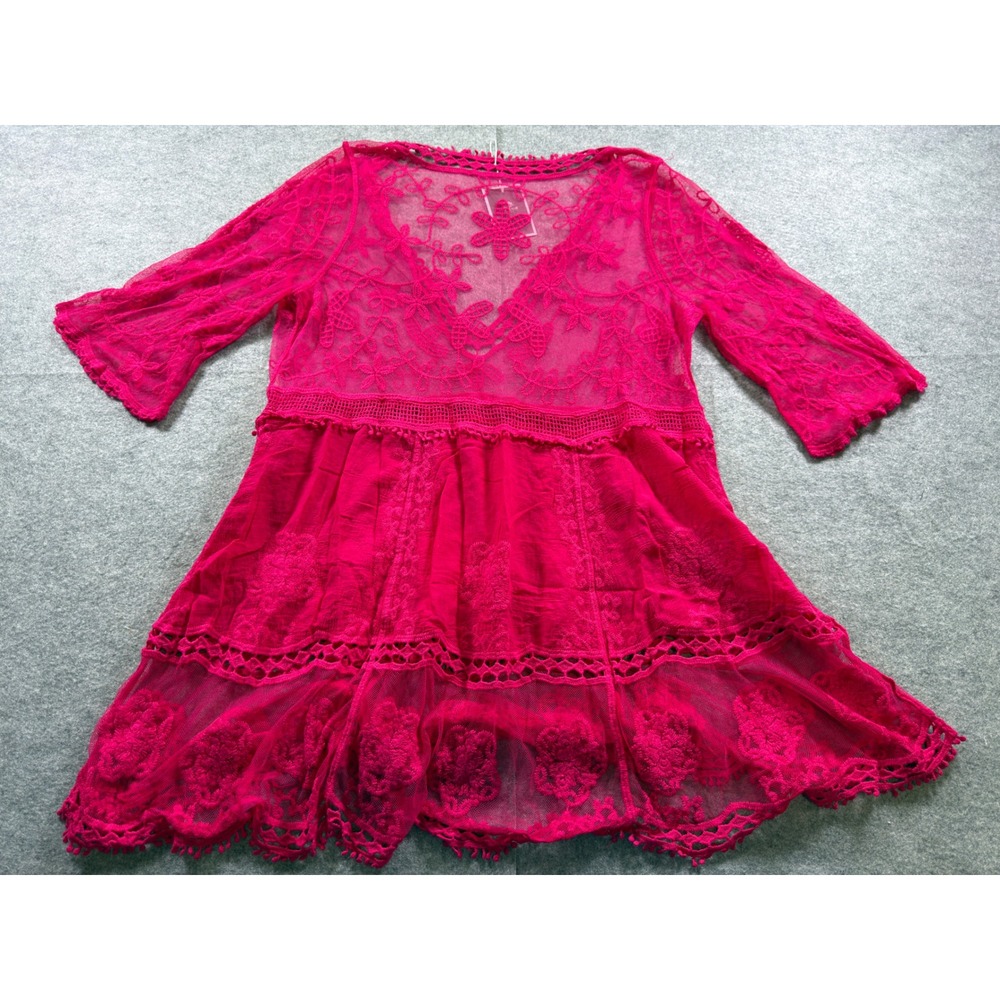 Eomenie Lace Bathing Suit Cover Up Women OS Hot Pink Plunging V Neck Beach Dress - Picture 10 of 12